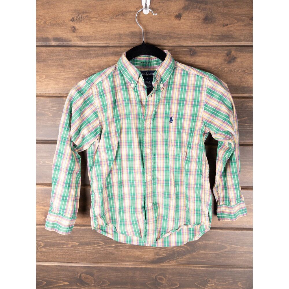 Ralph Lauren Boys Plaid Button Down Shirt Green Pink Size 6 Long Sleeve Cotton
